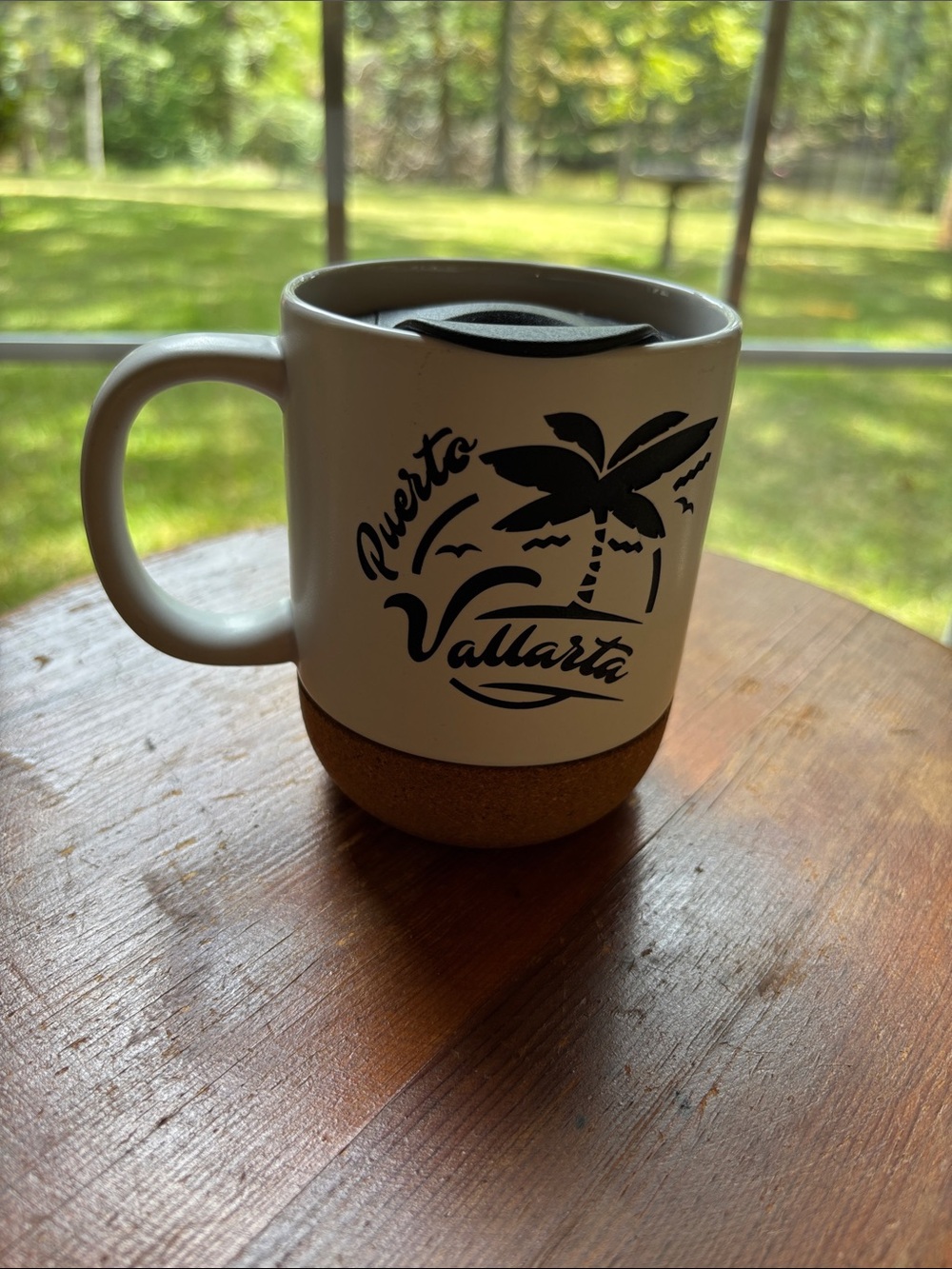 White Ceramic Travel Coffee Mug Featuring A Tropical Palm Tree Design